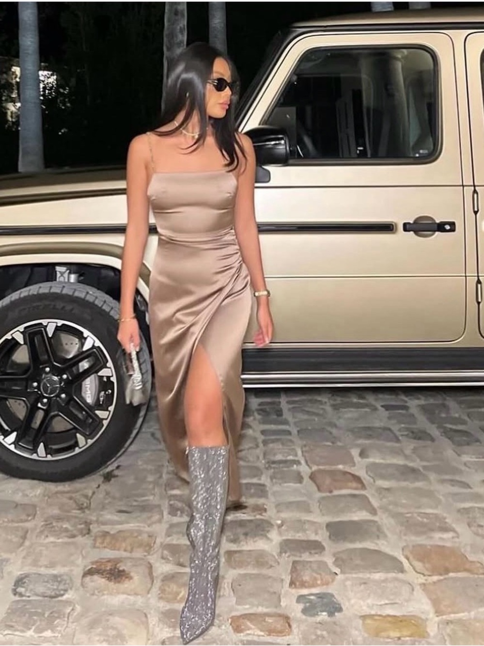 Satin Slip Dress with Side Slit - Taupe